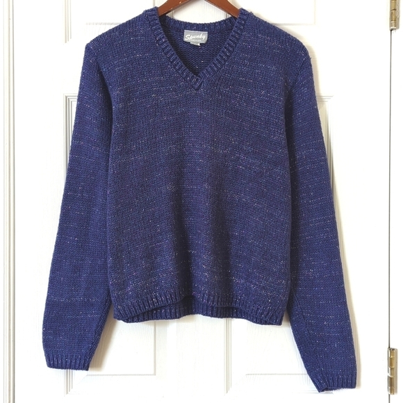 Spunky 80's Vintage Classic Metallic Lurex Marled Knit V-neck Sweater Purple M - Picture 1 of 10
